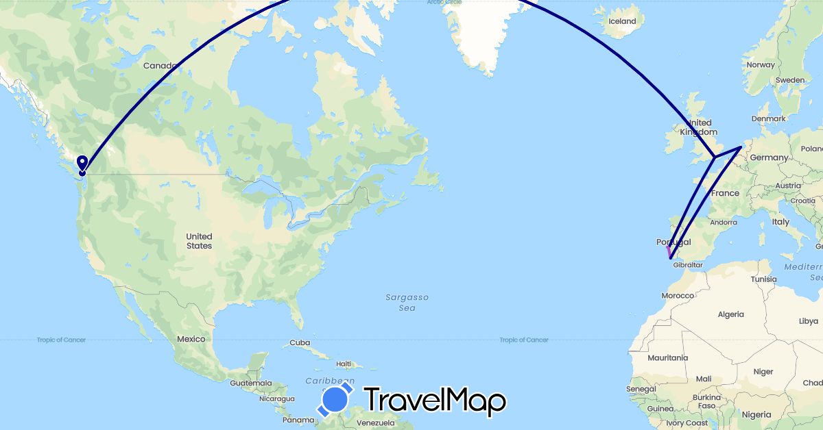 TravelMap itinerary: driving, train in Canada, United Kingdom, Netherlands, Portugal (Europe, North America)